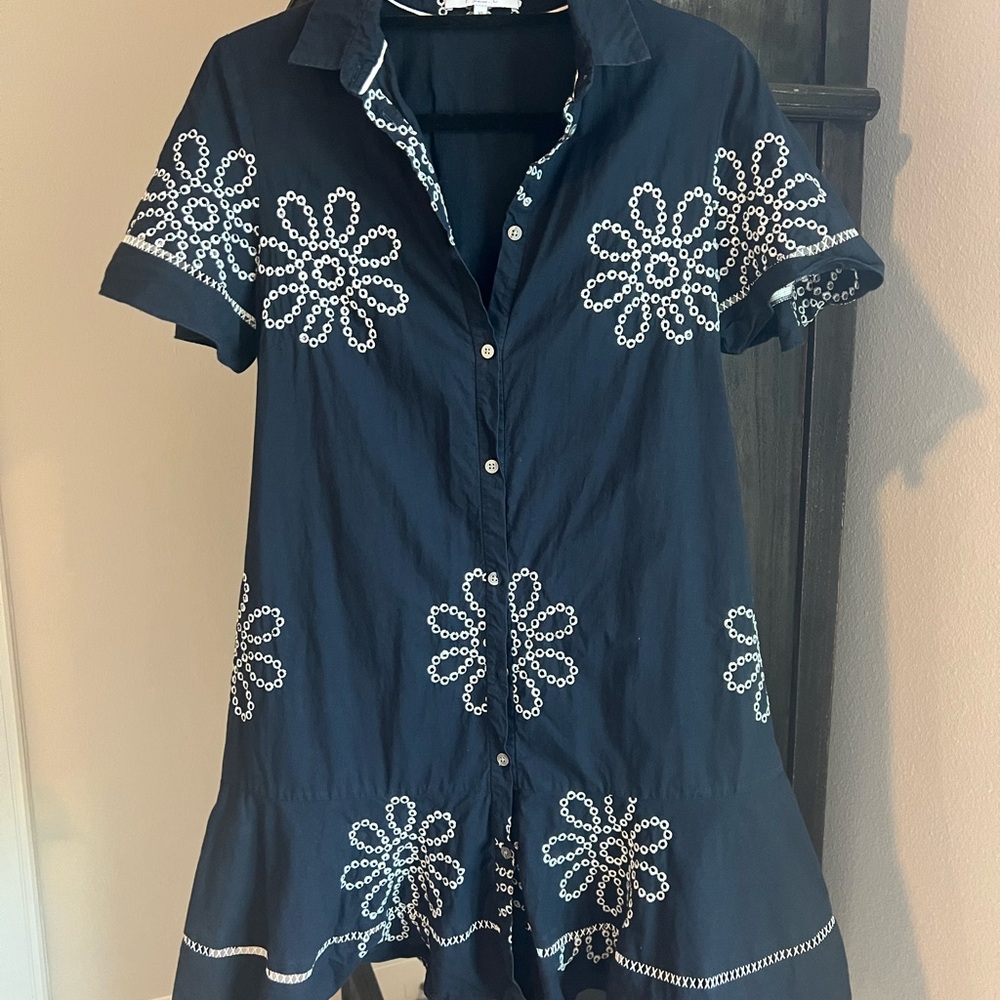 Navy Dress with White Floral Embroidery